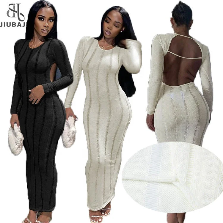 Sexy Knit Hollow Out Bodycon Maxi Dresses Club Outfit For Women 2023 Long Sleeve Backless Party Long Dress Trendy A-Line Maxi Dress