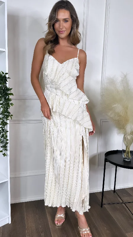 Shelby Cream & Gold Strappy Frill Detail Maxi dress Stylish Longline Maxi Dress