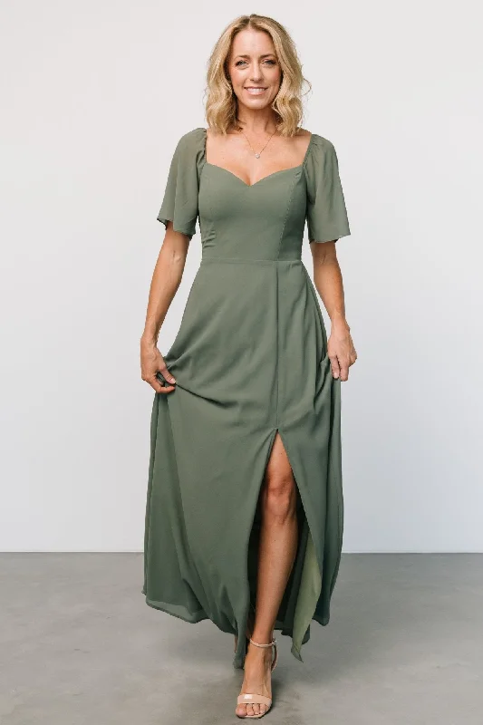 Sierra Sweetheart Maxi Dress | Dark Sage Comfortable Maxi Dress with Slits