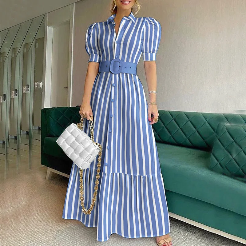 Summer Elegant Turn Down Collar Stripe Print Shirts Maxi Dress With Belt Casual Women Puff Sleeve Long Dresses Comfortable Maxi Dress with Slits