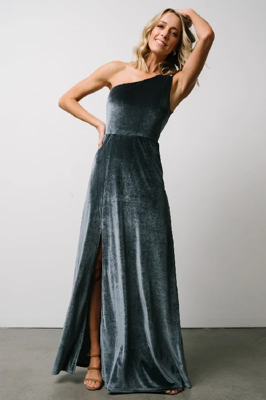 Tatiana Velvet One Shoulder Maxi Dress | Slate Blue Cozy Knitted Maxi Dress