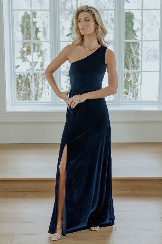 Tatiana Velvet One Shoulder Maxi Dress | Navy Trendy Maxi Dress with Bow