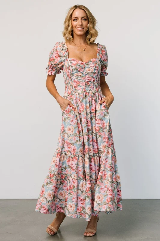 Tiana Maxi Dress | Vintage Blue + Pink Floral Chic Summer Maxi Dress