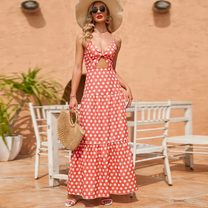 Torrie Polka Dot Tie Front Maxi Dress - Rust - FINAL SALE Trendy Ruffled Maxi Dress