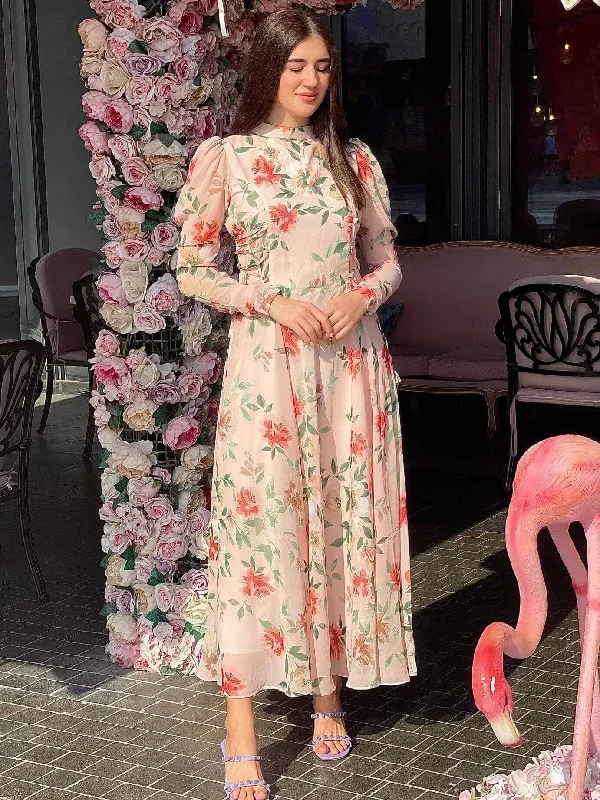 Victoria - Peach Floral Maxi Dress with Long Sleeves Fashionable Printed Maxi Dress