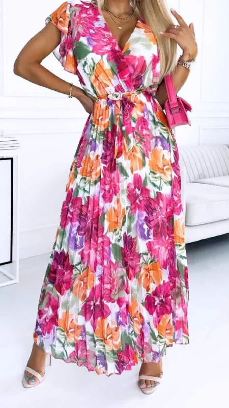 Vivanna Pleated Maxi Dress in Pink Print Trendy Printed Maxi Dress