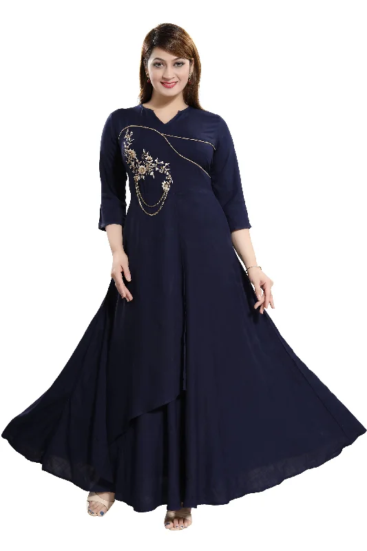 Women Blue Zardosi Maxi Dress Fashionable Faux Wrap Maxi Dress