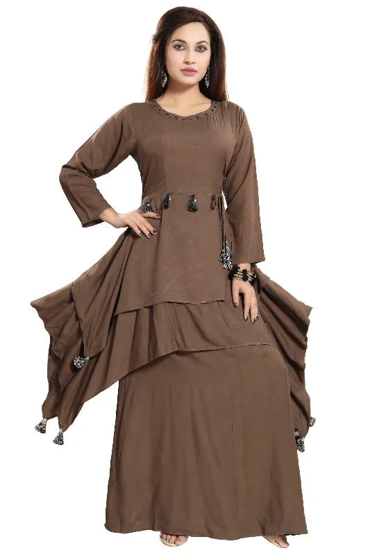 Women Brown Layered Solid Maxi Dress Trendy Button Front Maxi Dress