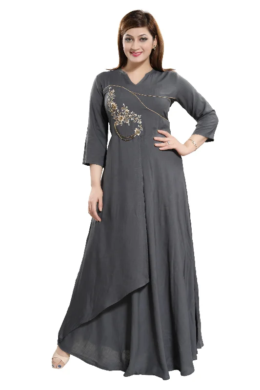 Women Grey Zardosi Maxi Dress Cozy Knitted Maxi Dress