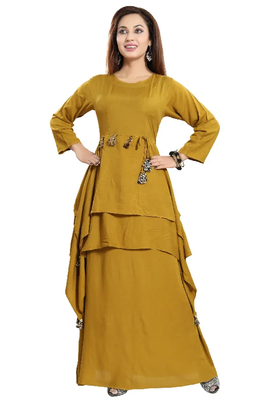 Women Mustard Layered Solid Maxi Dress Elegant Lace-Up Maxi Dress