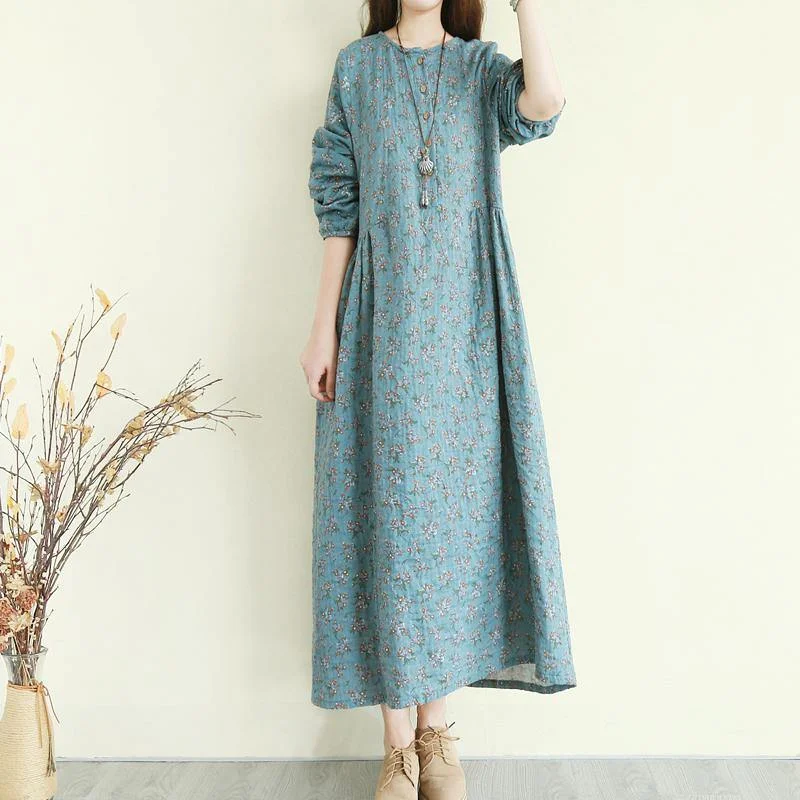 Women O Neck Button Down Cotton Dress Sleeve Blue Floral Maxi Dresses Trendy Short Sleeve Maxi Dress