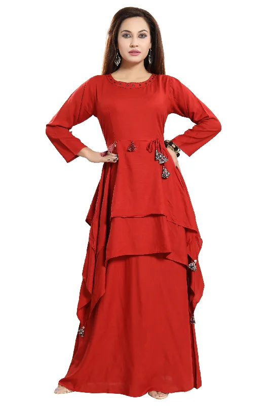 Women Red Layered Solid Maxi Dress Fashionable Printed Maxi Dress