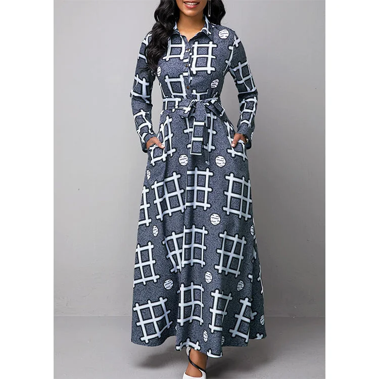 Z83908 Fashion Long Sleeve Print Dresses Casual women V Neck Elegant vintage maxi dress Elegant Maxi Dress with Pockets