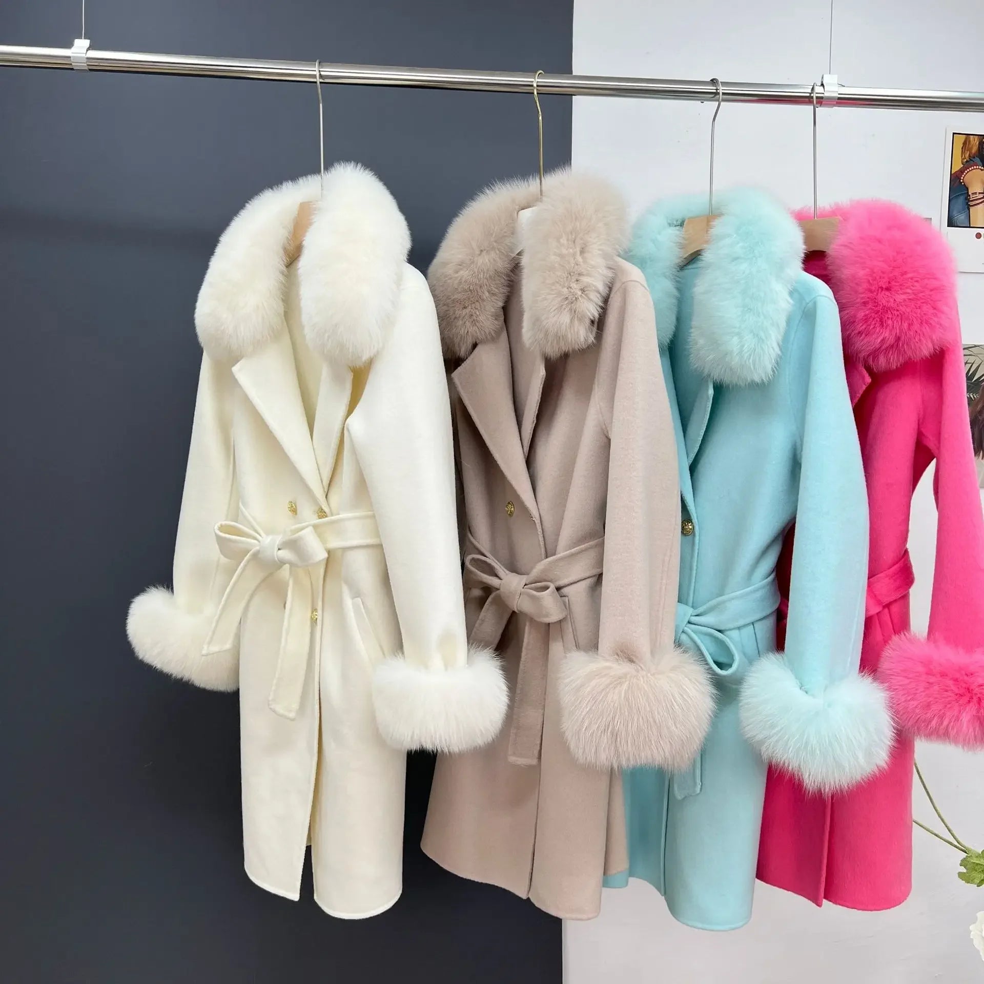 Winter Women Jacket Cashmere Coat Real Fox Fur Collar Wool Blends Double Breasted Loose Warm Luxury Fashion Outerwear Welt Pockets Slit Pockets Flap Pockets