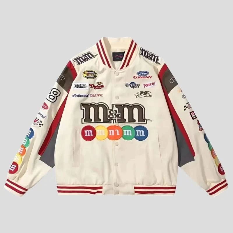 Unisex M&M Embroidered Bomber Jacket Nylon Fabric Polyester Fabric Spandex Fabric