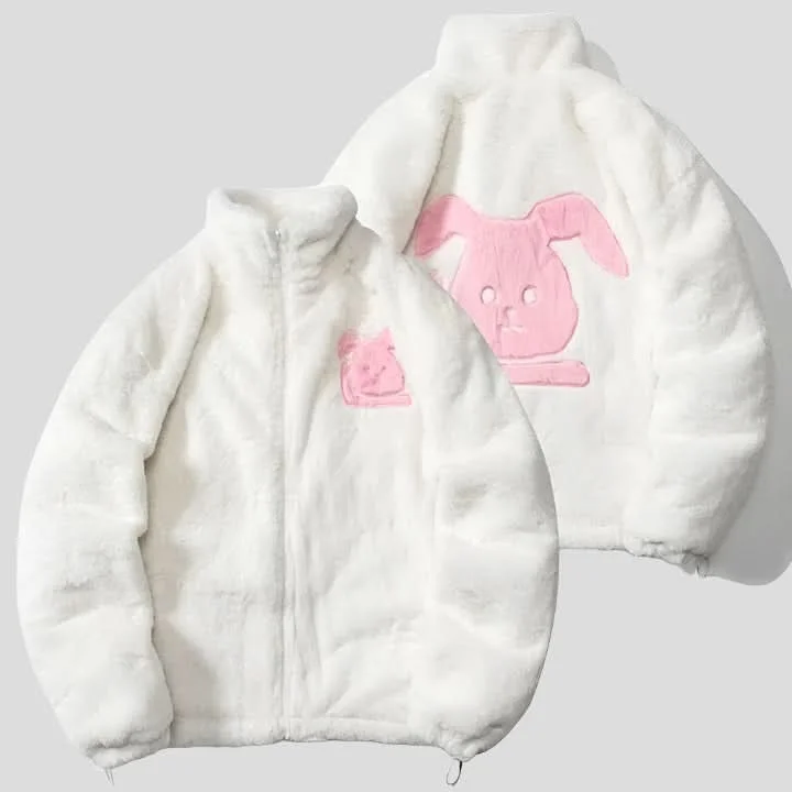 Embroidery Jacket - Fur Bunny Zipper Fleece Jacket Knit Fabric Woven Fabric Fleece Fabric