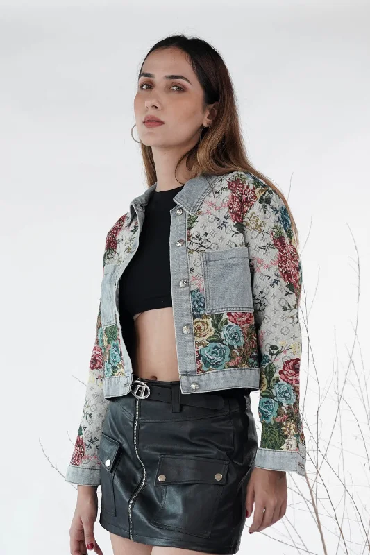 Floral Woven Breeze Denim Jacket One-Shoulder Jacket Off-the-Shoulder Jacket Asymmetrical Jacket