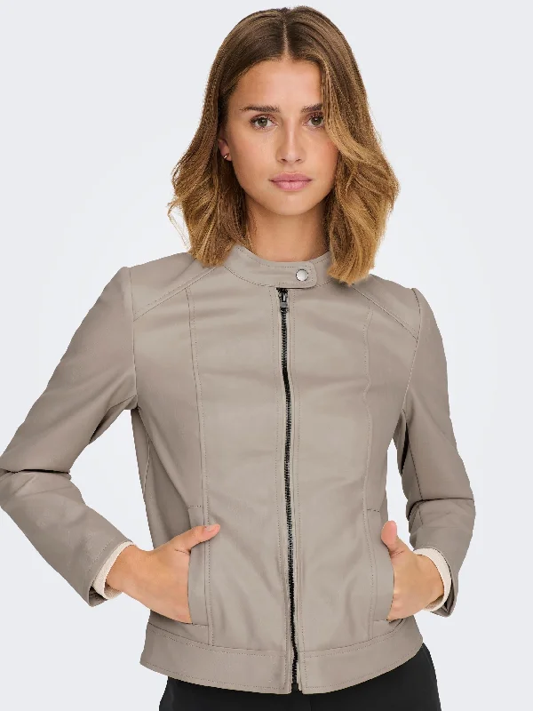 JDY Emily Faux Leather Jacket -GREY Snapped Jacket Toggled Jacket Drawstring Jacket