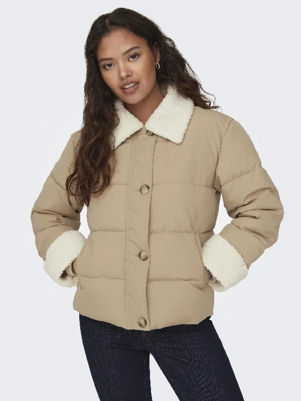 JDY Vesla Short Padded Jacket-TAN Cotton Fabric Linen Fabric Terry Fabric