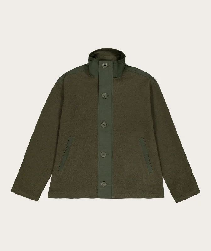 Ladies Melton Button Jacket - Bottle Green Notch Collar Peter Pan Collar Cowl Neck