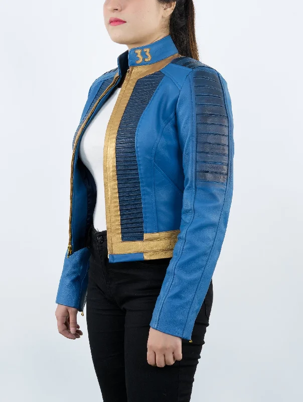 Lucy Inspired Vault 33 Fallout Blue And Gold Leather Jacket Fleece Jacket Down Jacket Feather Jacket