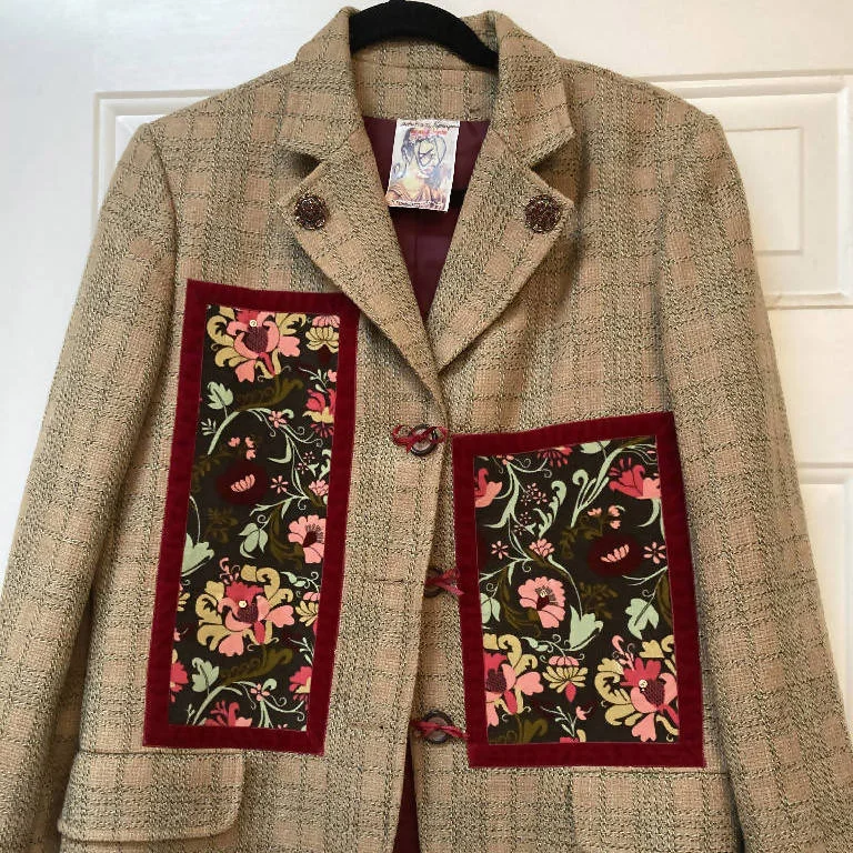 Maggie Devos - Flower patch green/tan plaid jacket - Size 10 women Fleece Jacket Down Jacket Parka