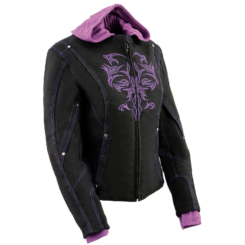 Milwaukee Leather MPL1967 Women's 3/4 Hooded Black and Purple Textile Jacket with Reflective Tribal Detail Fitted Jacket Loose Jacket Oversized Jacket