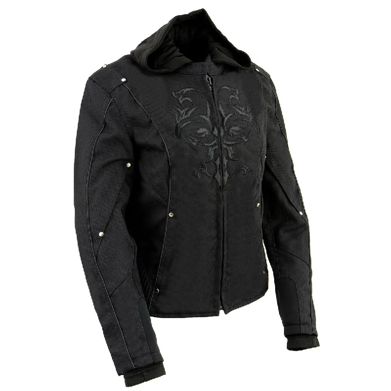 NexGen SH1939 Women's 'Reflective Tribal' Black 3/4 Textile Vented Jacket Rayon Fabric Velvet Fabric Corduroy Fabric