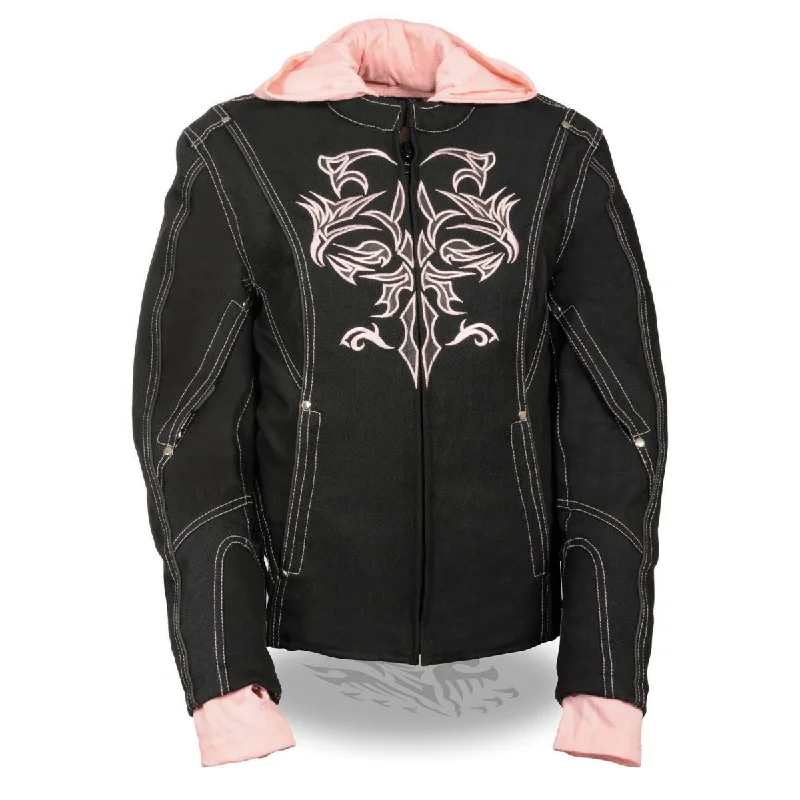 NexGen SH1966 Ladies Black and Pink 3/4 Jacket with Reflective Tribal and Hoodie Chenille Fabric Brocade Fabric Lace Fabric