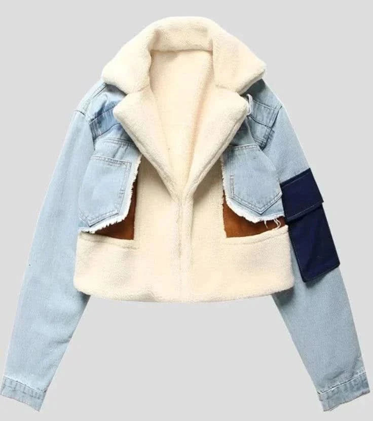 Patchwork Jacket for Women - Wool Slim Fit Front Pockets Side Pockets Patch Pockets