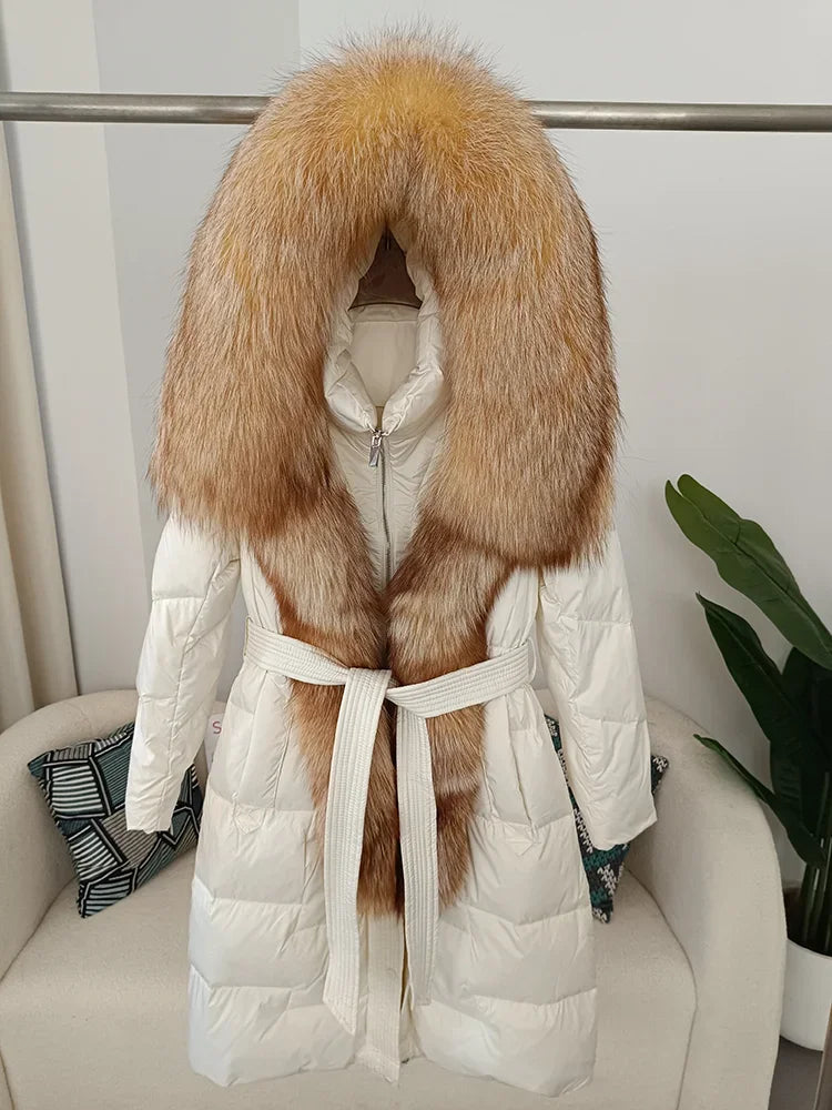 Real Fox Fur Collar Winter Women Parka White Duck Down Long Jacket Belt Female Thick Warm Coat Luxury Slim Hooded Outerwear Notch Collar Peter Pan Collar Cowl Neck