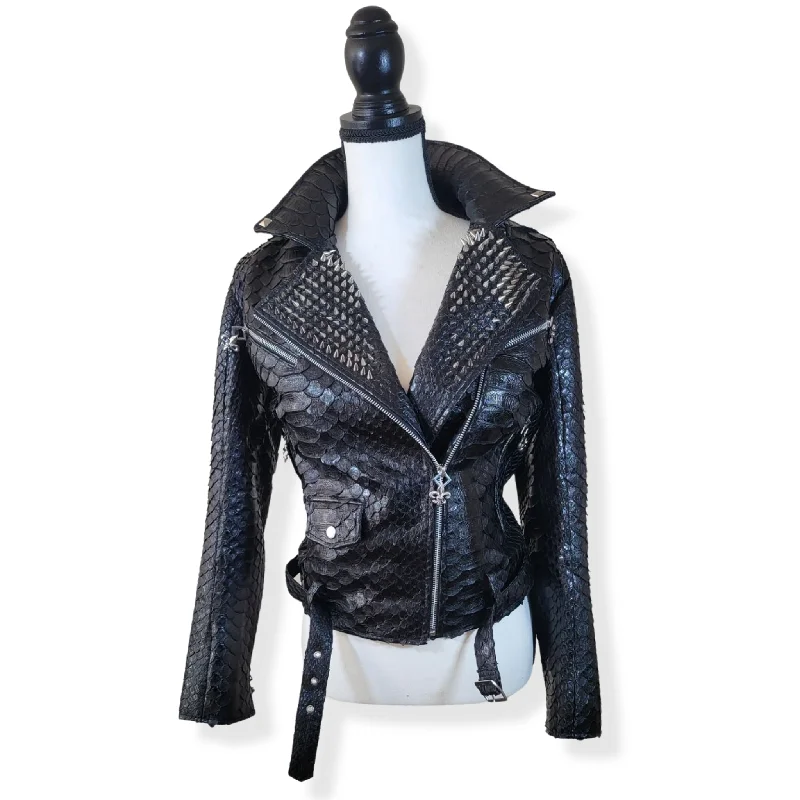 ROCK STAR STUDDED PYTHON EXOTIC LEATHER JACKET WOMEN Front Pockets Side Pockets Patch Pockets