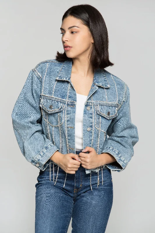 Sapphire Blue Diamond Studded Denim Jacket Welt Pockets Slit Pockets Flap Pockets