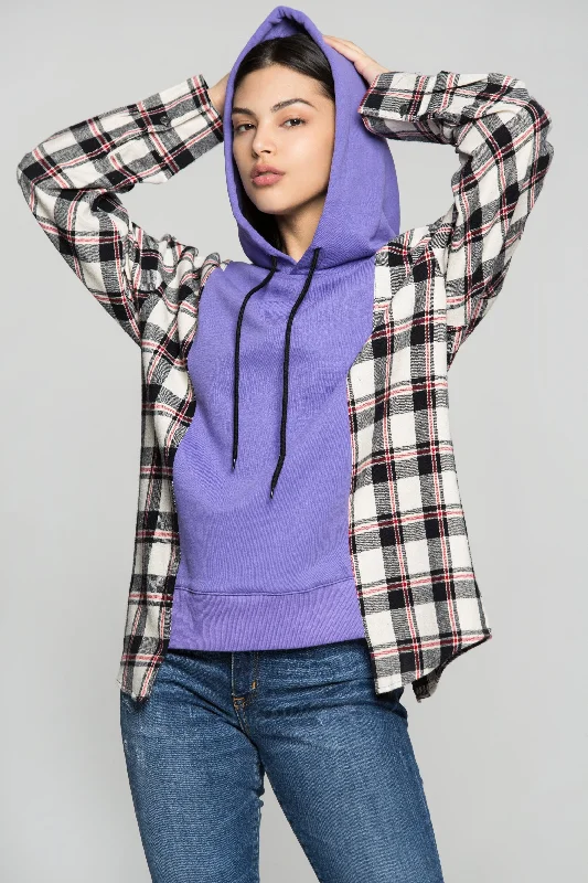 Purple Drawstring Hooded Tartan Print Jacket Collared Jacket Crew Neck Jacket Turtle Neck Jacket