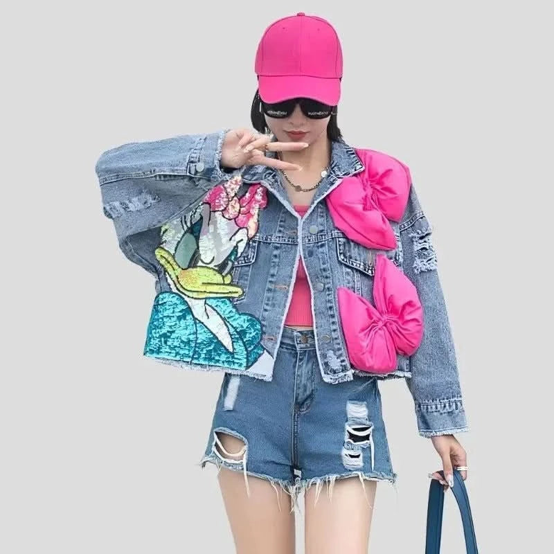 Short Jean Jacket with Cartoon Sequins for Teens Cotton Jacket Linen Jacket Terry Jacket