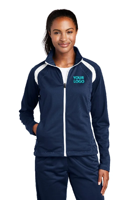 Sport-Tek Ladies Tricot Track Branded Jackets, True Navy/White Satin Fabric Silk Fabric Chiffon Fabric