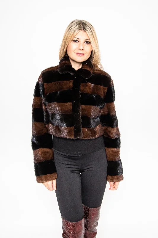 76 | Two-Tone Dark Brown Mink Fur Crop Jacket Knit Jacket Woven Jacket Fleece Jacket