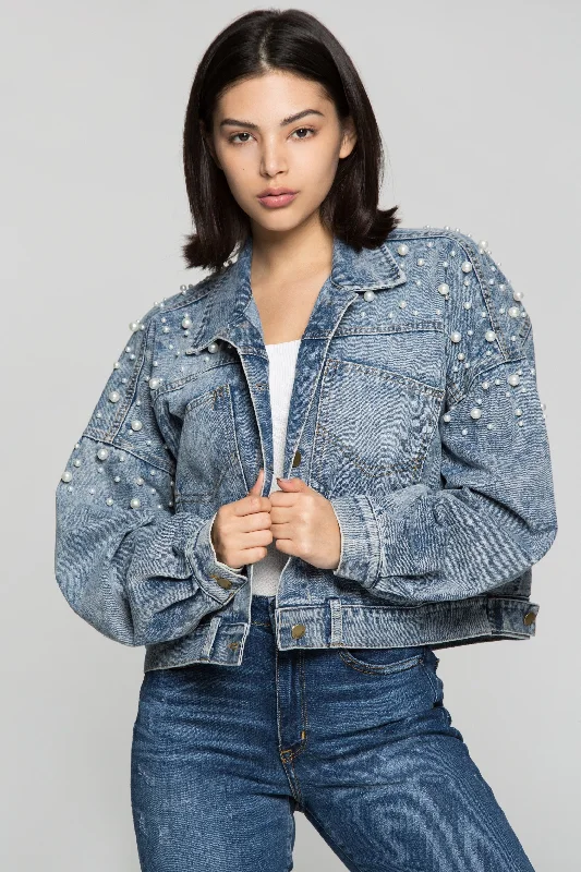 True Blue Pearl Studded Denim Jacket Notch Collar Peter Pan Collar Cowl Neck