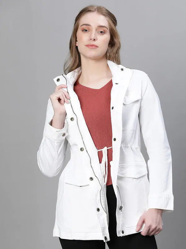 Women Solid Standard White Full Sleeve Jacket Stand-Up Collar Roll-Neck Collar Turtle Neck