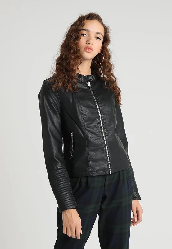 Women’s Black Leather Biker Jacket Ban Collar Satin Jacket Silk Jacket Chiffon Jacket