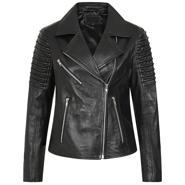 Women's Black Leather Biker Jacket By 3A Oversized Jacket Tailored Jacket Straight Jacket