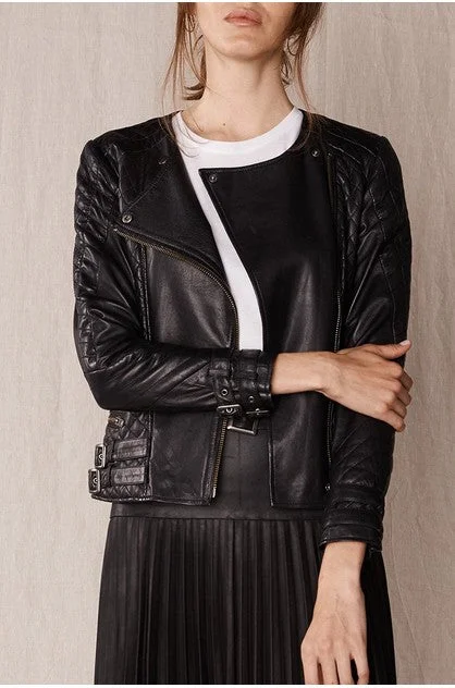 Women’s Black Leather Biker Jacket Crew Neck Belted Jacket Elasticated Jacket Padded Jacket