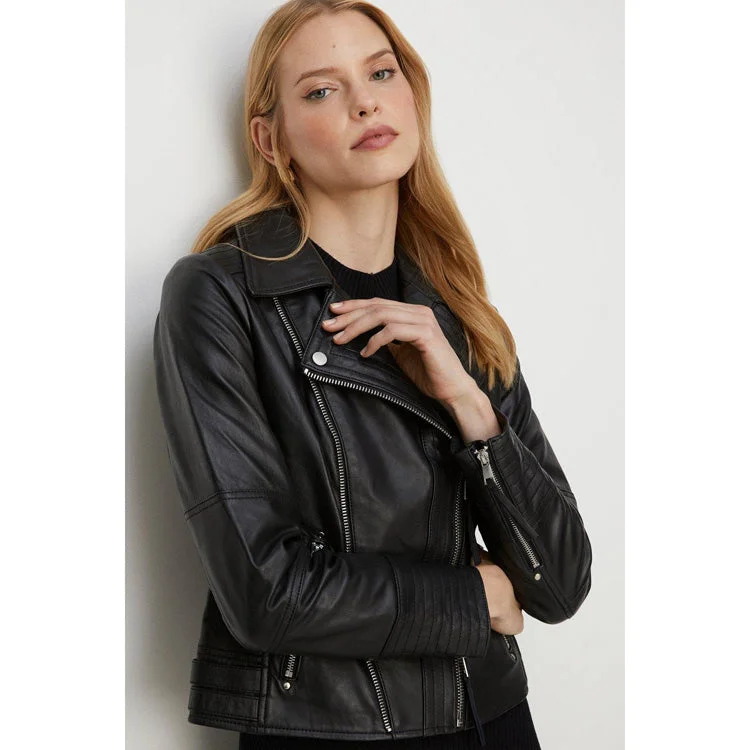 Women's Black Leather Detail Biker Jacket By 3A Knit Fabric Woven Fabric Fleece Fabric