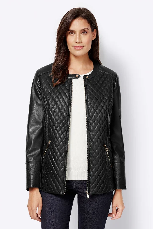 Women’s Black Leather Jacket Ban Collar Oversized Jacket Tailored Jacket Straight Jacket