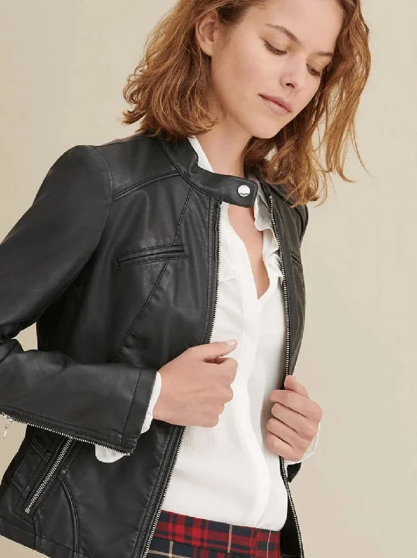 Women’s Black Leather Jacket Genuine Sheepskin V-Neck Jacket Boat Neck Jacket Square Neck Jacket