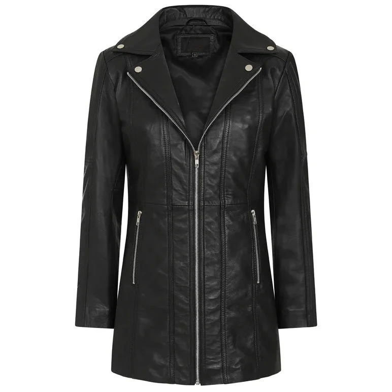 Women's Black Long Leather Biker Jacket By 3A Collared Jacket Crew Neck Jacket Turtle Neck Jacket