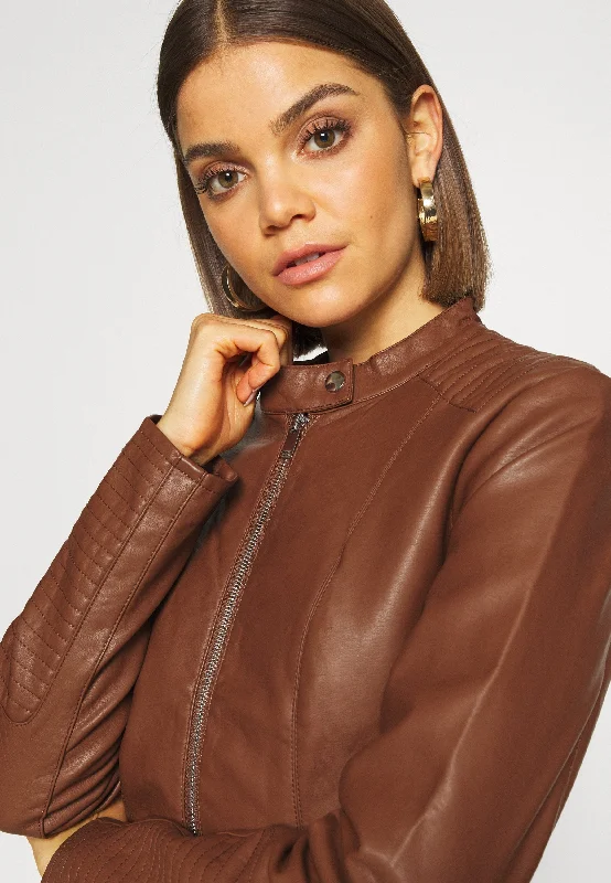 Women’s Chocolate Brown Leather Biker Jacket Ban Collar Insulated Jacket Fitted Jacket Loose Jacket