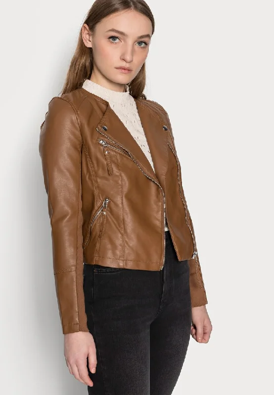 Women’s Tan Brown Genuine Leather Biker Jacket Ribbed Jacket Pleated Jacket Ruffled Jacket