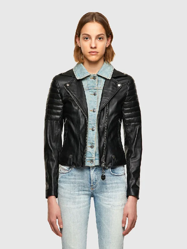 Women’s Trendy Black Leather Biker Jacket Welt Pockets Slit Pockets Flap Pockets