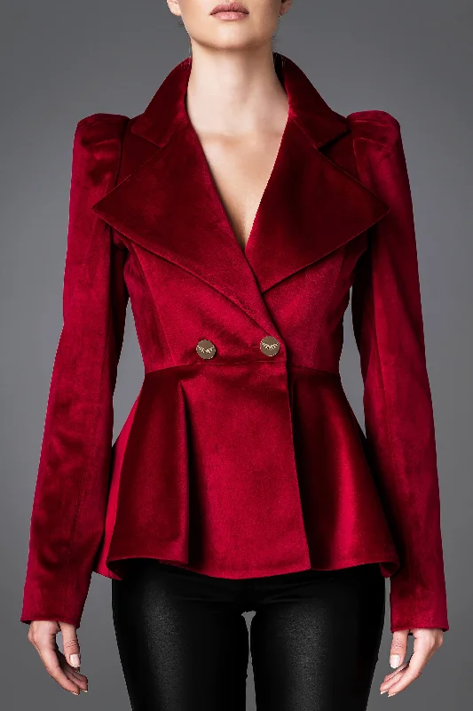 Women's Velvet Jacket - Daring Red Welt Pockets Slit Pockets Flap Pockets